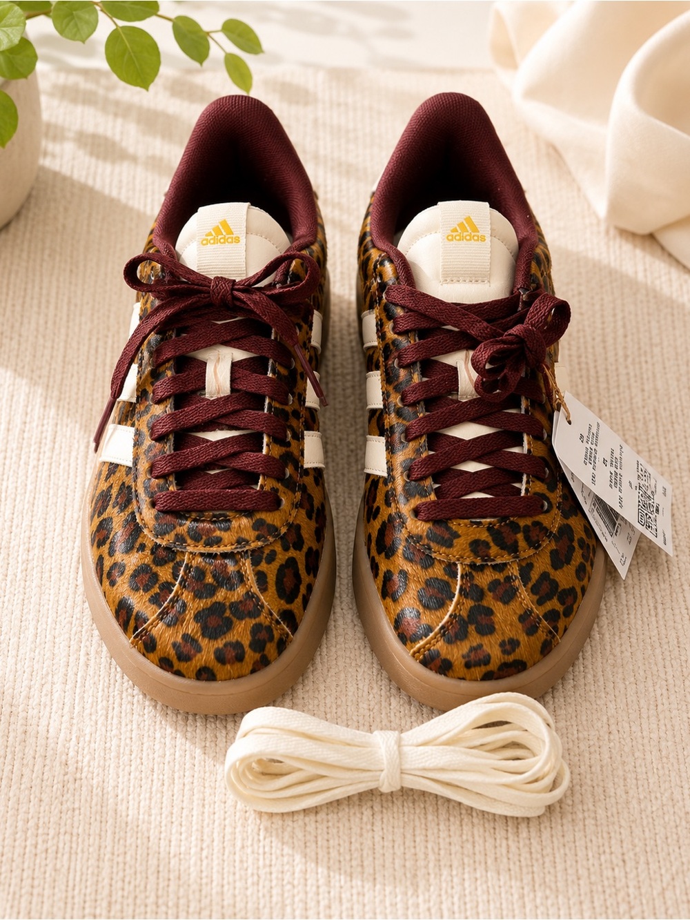 adidas Leopard Print Sneakers with Burgundy Laces and Cream Stripes